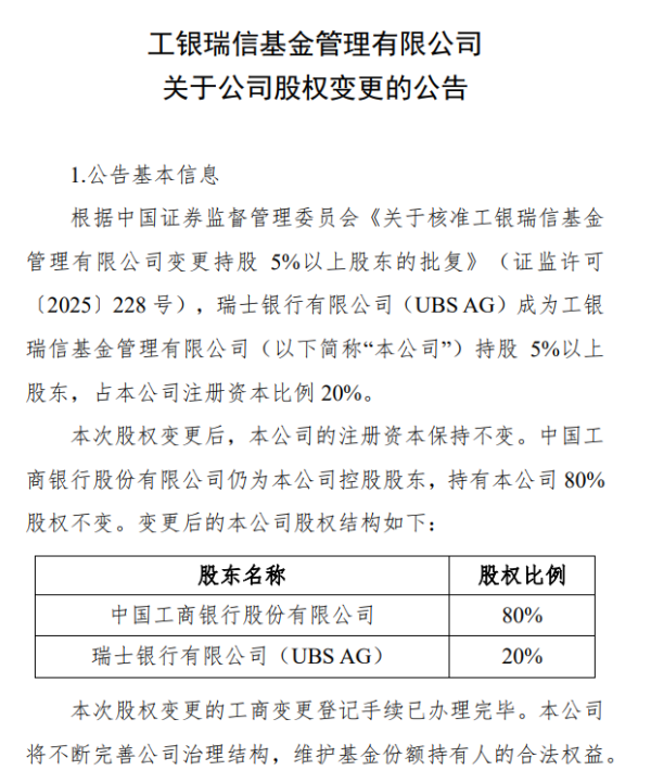 股票配资公司开户网站 瑞银正式接棒工银瑞信20%股权，外资布局中国市场再加速